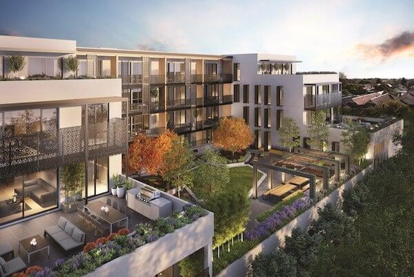 Modern sleek multifamily apartments with patio gardens
